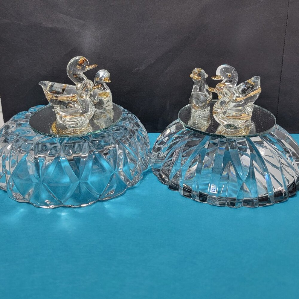Vintage Art Glass Mother Duck with 2 Ducklings Featuring Gold Accents Set of 2